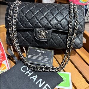 Black Quilted Caviar Medium Classic Double Flap Bag Silver Hardware, 2022